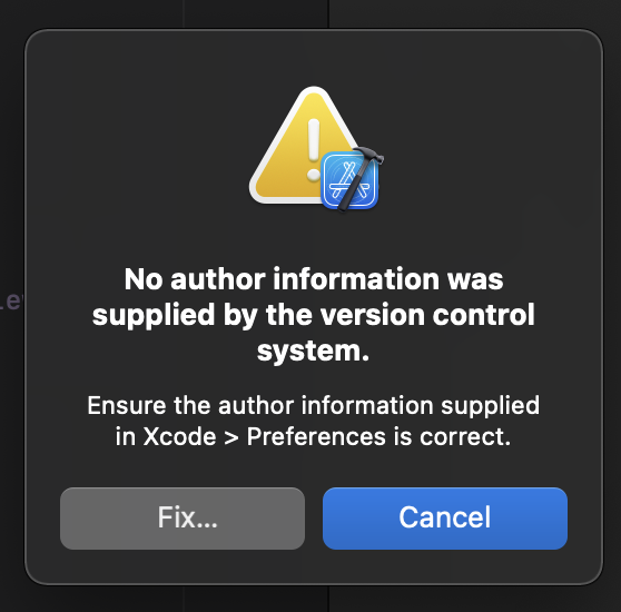 Xcode - No author information was supplied by the version control system